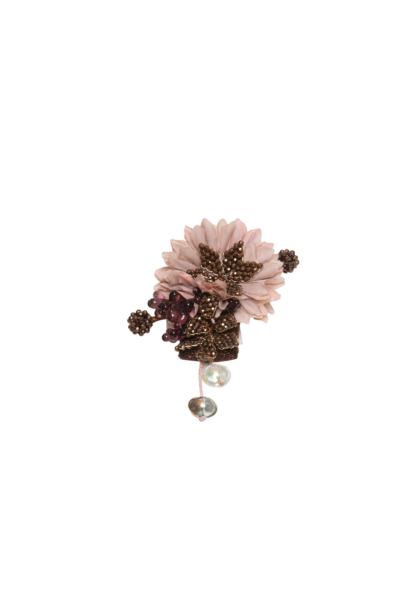 Bettina Spitz floral brooch with blush and taupe petals, bronze-toned bead clusters, plum accents and hanging drops