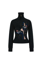 Half-Zip Branch Embroidery Sweater — Black