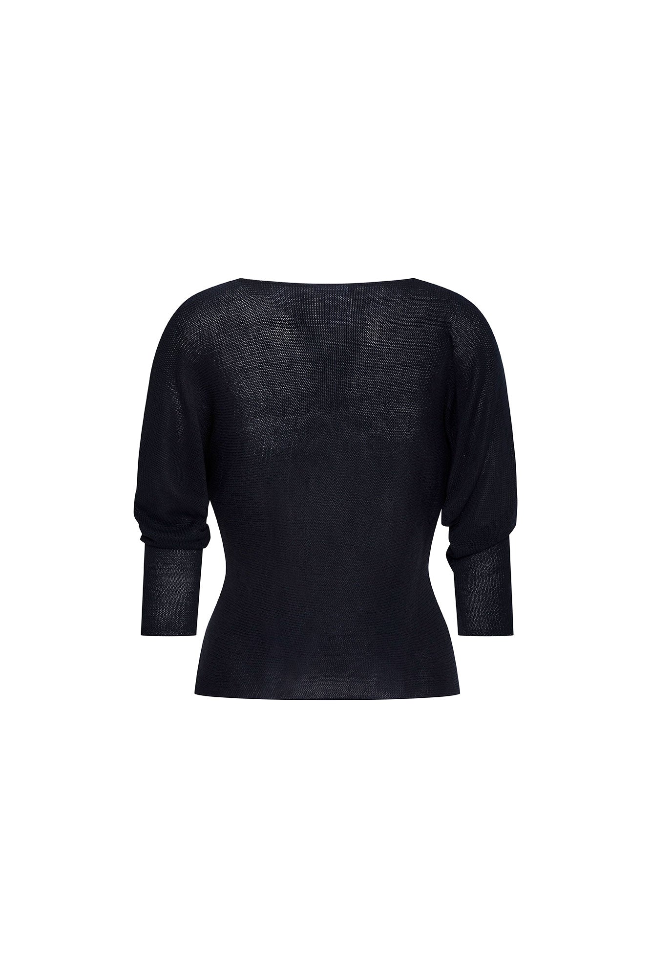 Saco Manga Ranglán Azul — full back view showing fitted navy blue fine-knit sweater with wide bateau neckline at back, raglan sleeve construction, tapered waist, and Bettina Spitz label at center back neckline