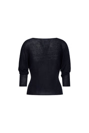 Saco Manga Ranglán Azul — full back view showing fitted navy blue fine-knit sweater with wide bateau neckline at back, raglan sleeve construction, tapered waist, and Bettina Spitz label at center back neckline