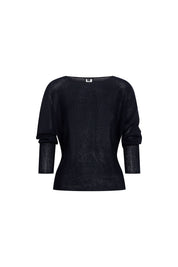 Saco Manga Ranglán Azul — full front view showing fitted navy blue fine-knit sweater with wide bateau neckline and three-quarter raglan sleeves extending diagonally from collar to cuff in a single continuous line with no shoulder seam