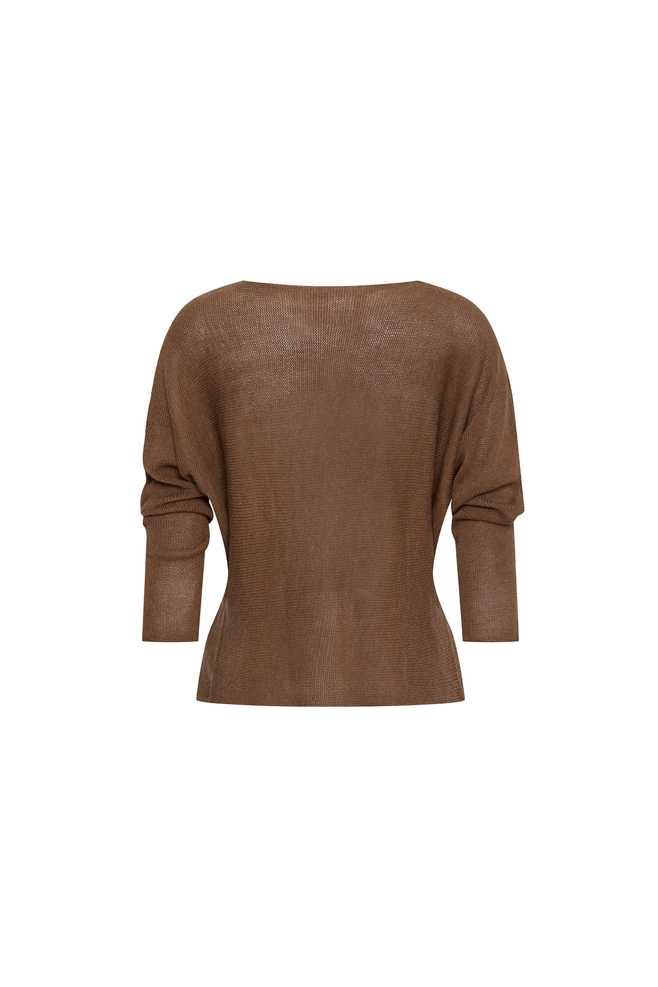 Saco Manga Ranglán Chocolate — full back view showing fitted chocolate brown fine-knit sweater with wide bateau neckline at back, dolman-raglan sleeve construction, and tapered waist