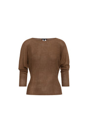 Saco Manga Ranglán Chocolate — full front view showing fitted chocolate brown fine-knit sweater with wide bateau neckline, three-quarter dolman-raglan sleeves sweeping wide from shoulder and gathering into ribbed cuff at wrist, Bettina Spitz label at center back neckline