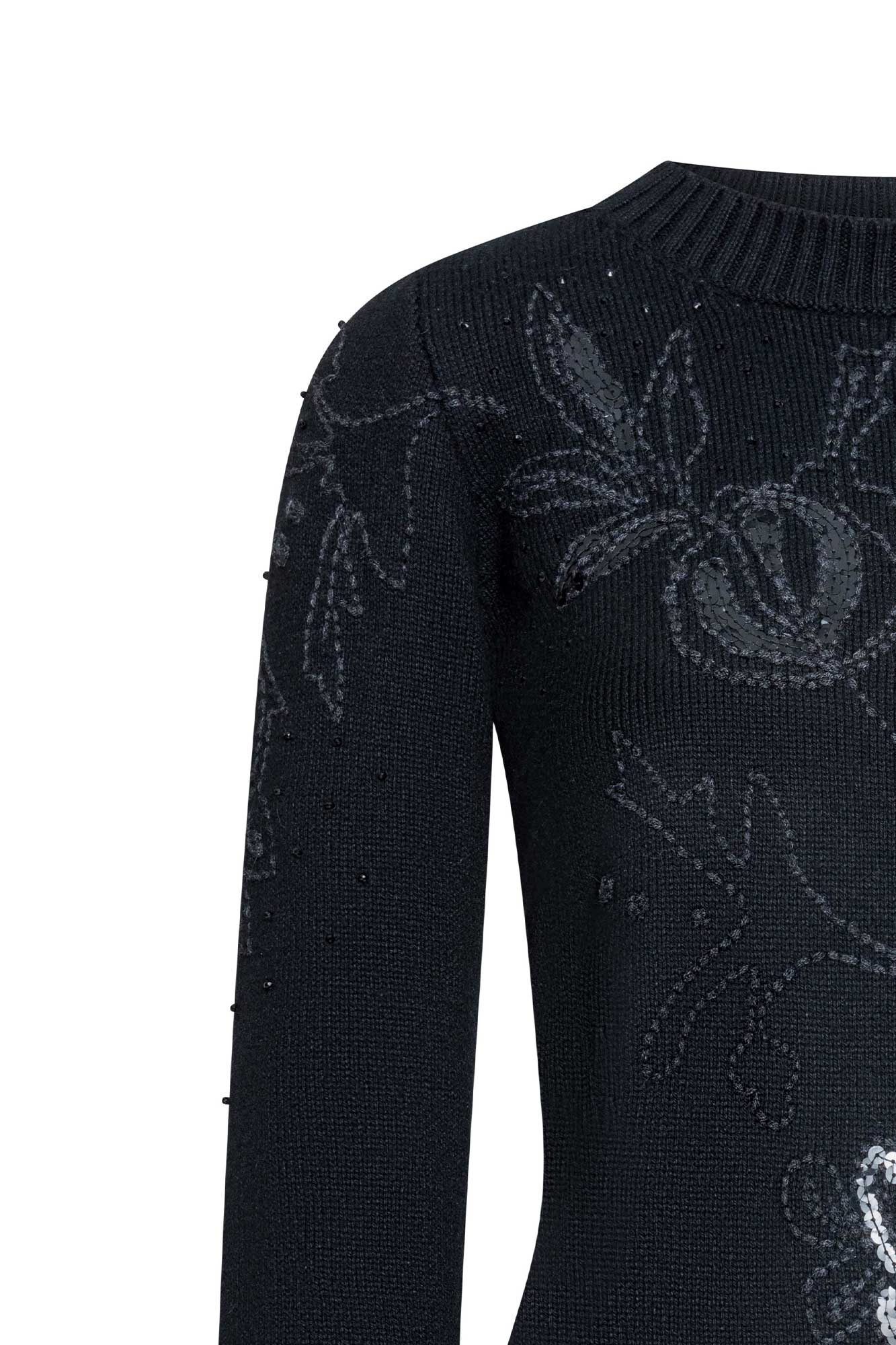 Black Knit Sweater with Floral Embroidery