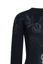 Black Knit Sweater with Floral Embroidery