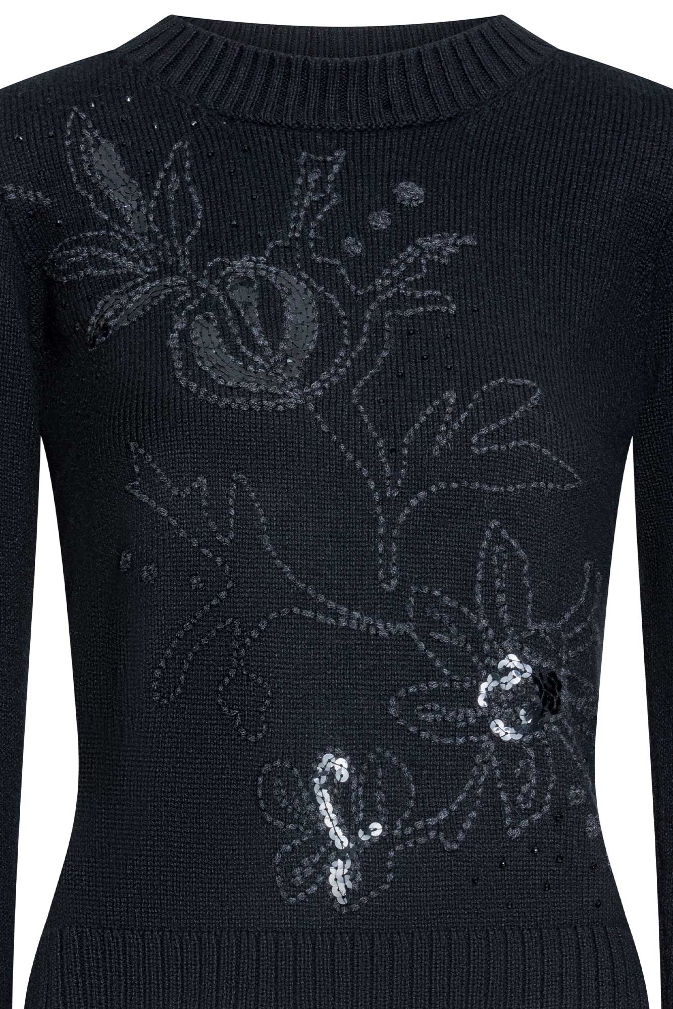 Black Knit Sweater with Floral Embroidery