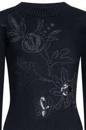 Black Knit Sweater with Floral Embroidery