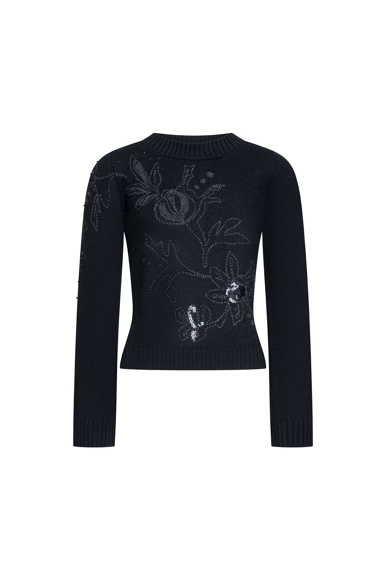 Black Knit Sweater with Floral Embroidery