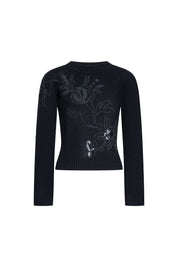 Black Knit Sweater with Floral Embroidery