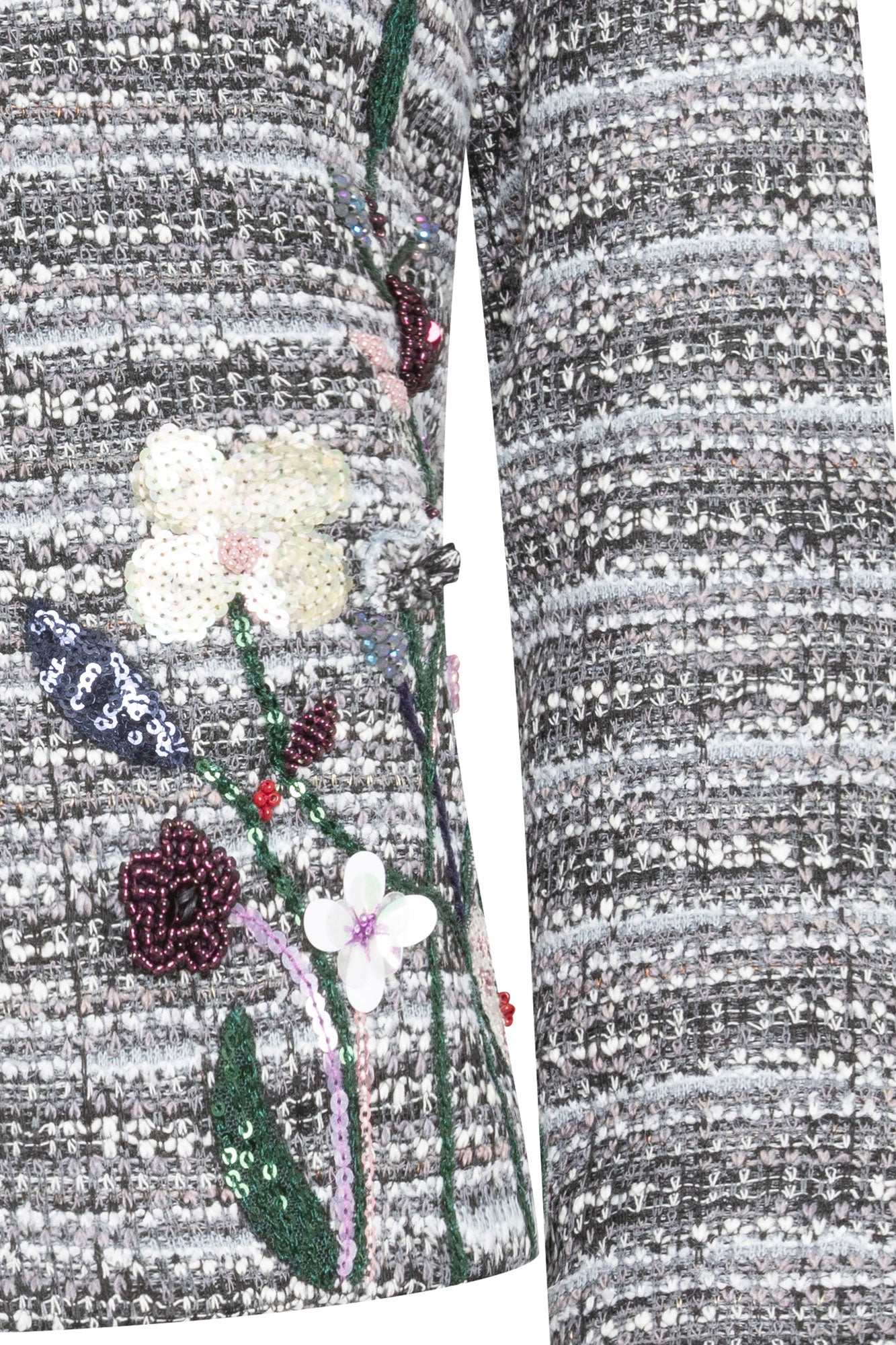 The Michell Jardín Grey Tweed Jacket — close-up of hand-beaded botanical embroidery with pearl flowers, burgundy roses, pink blossoms and green sequin stems