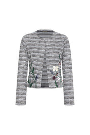 The Michell Jardín Grey Tweed Jacket — full front flat view showing open-front silhouette and botanical embroidery