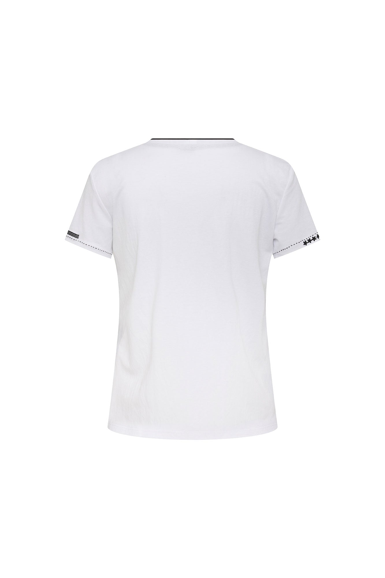 The T-Shirt Vivo Pespunte Flores Blanco — full back view showing fitted white cotton t-shirt with black neckline band and Bettina Spitz label woven into band at center back, black trim at sleeve hems with dotted white topstitch and daisy flower cluster at outer cuff edge