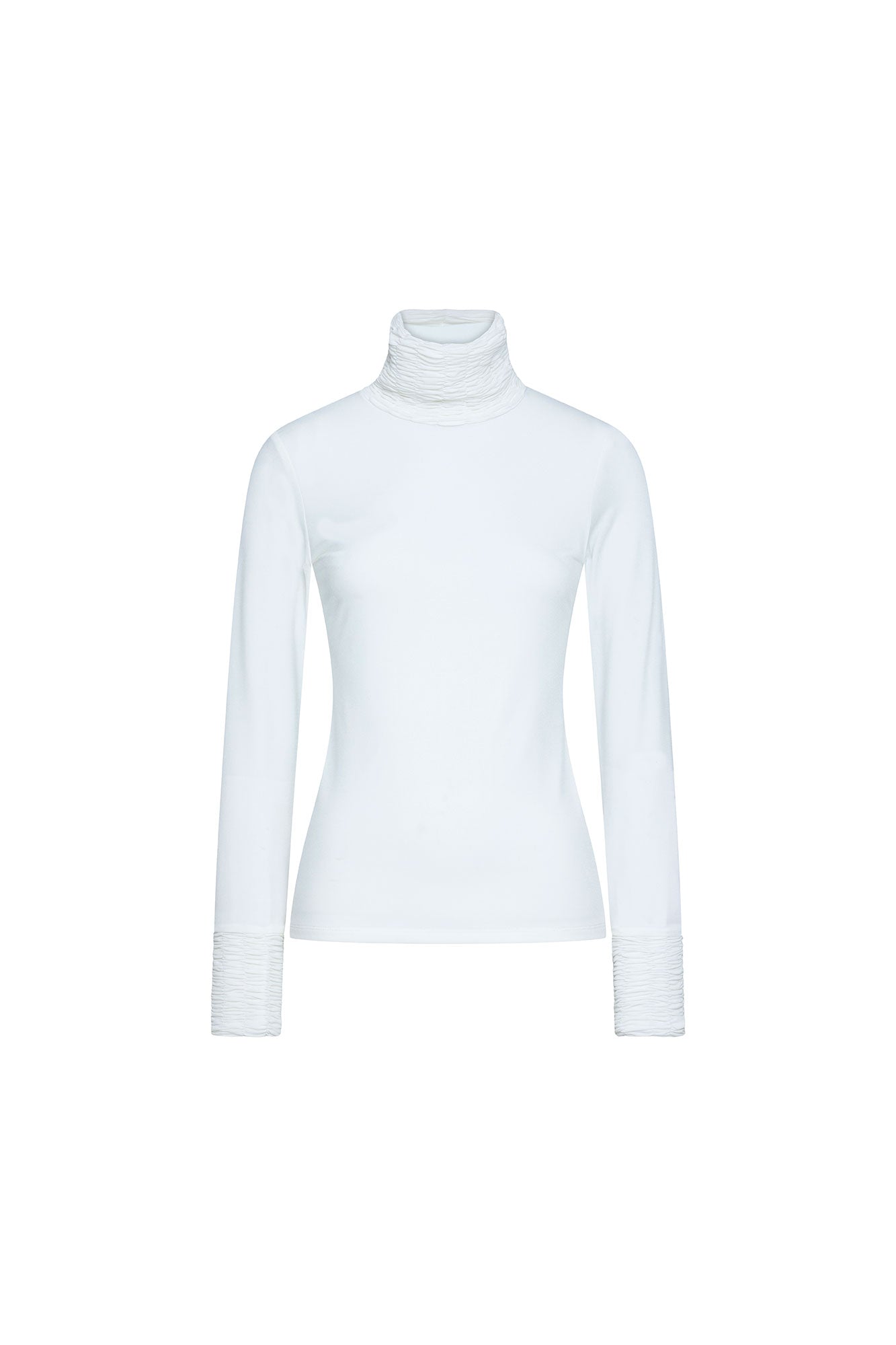 The Top Cortina Nácar White Smocked Turtleneck — full front view showing fitted white stretch jersey body with deep gathered smocking at turtleneck collar and matching smocked ruched cuffs at both wrists
