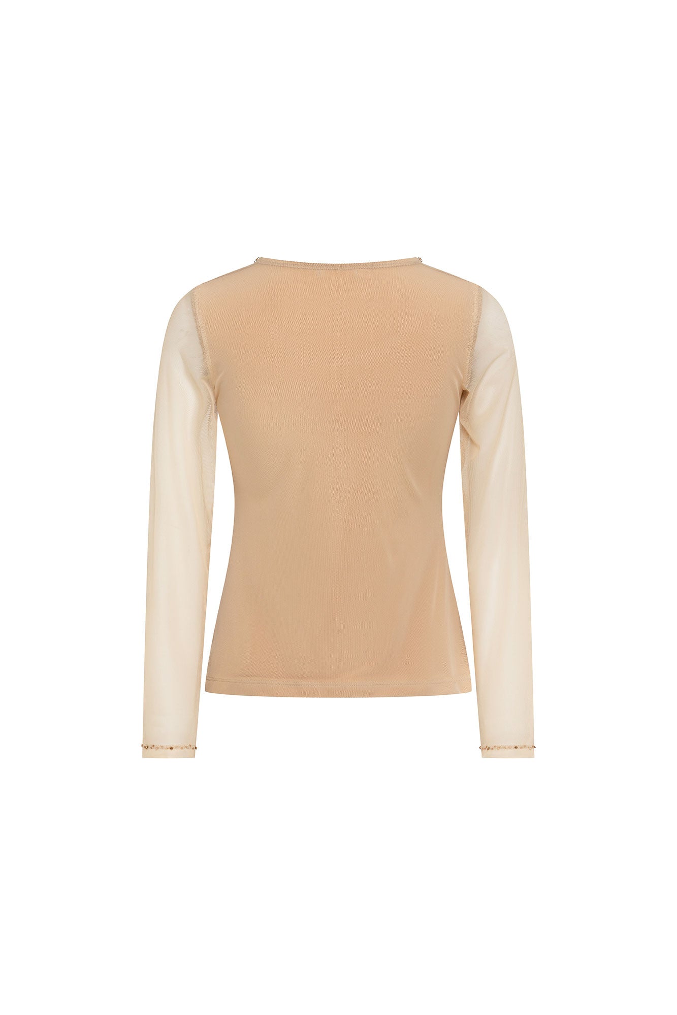 The Top Mallita Cuello Brillos Arena — full back view showing fitted sand stretch knit body with sheer ivory mesh sleeves meeting at shoulder seam in tonal contrast, Bettina Spitz label at inner back collar, and crystal stud trim visible at neckline edge and sleeve hems