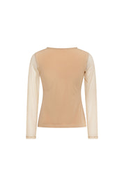 The Top Mallita Cuello Brillos Arena — full back view showing fitted sand stretch knit body with sheer ivory mesh sleeves meeting at shoulder seam in tonal contrast, Bettina Spitz label at inner back collar, and crystal stud trim visible at neckline edge and sleeve hems