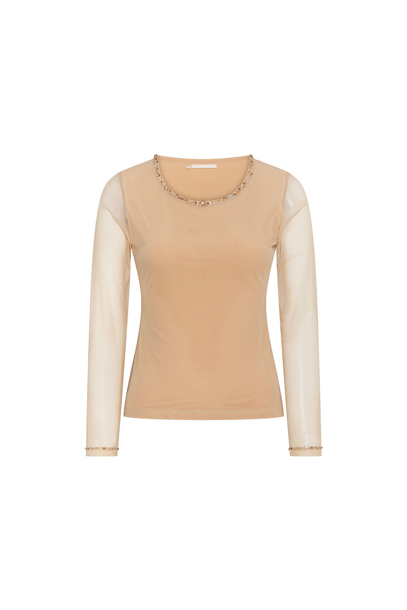 The Top Mallita Cuello Brillos Arena — full front view showing fitted sand stretch knit body with sheer ivory mesh long sleeves, round scoop neckline edged with a continuous row of mixed gold and champagne faceted crystal studs, and matching crystal trim at each sheer mesh sleeve hem