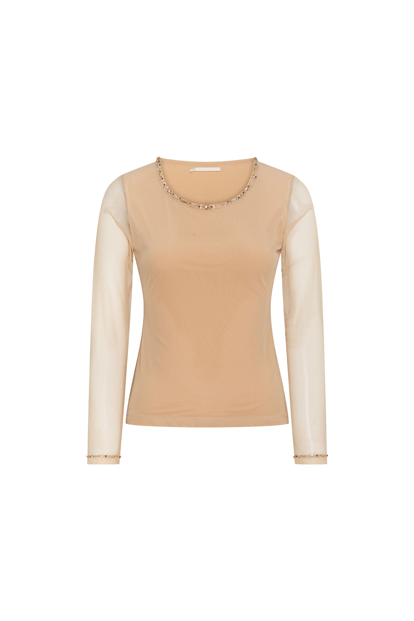 The Top Mallita Cuello Brillos Arena — full front view showing fitted sand stretch knit body with sheer ivory mesh long sleeves, round scoop neckline edged with a continuous row of mixed gold and champagne faceted crystal studs, and matching crystal trim at each sheer mesh sleeve hem