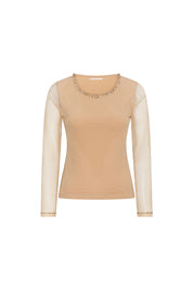 The Top Mallita Cuello Brillos Arena — full front view showing fitted sand stretch knit body with sheer ivory mesh long sleeves, round scoop neckline edged with a continuous row of mixed gold and champagne faceted crystal studs, and matching crystal trim at each sheer mesh sleeve hem