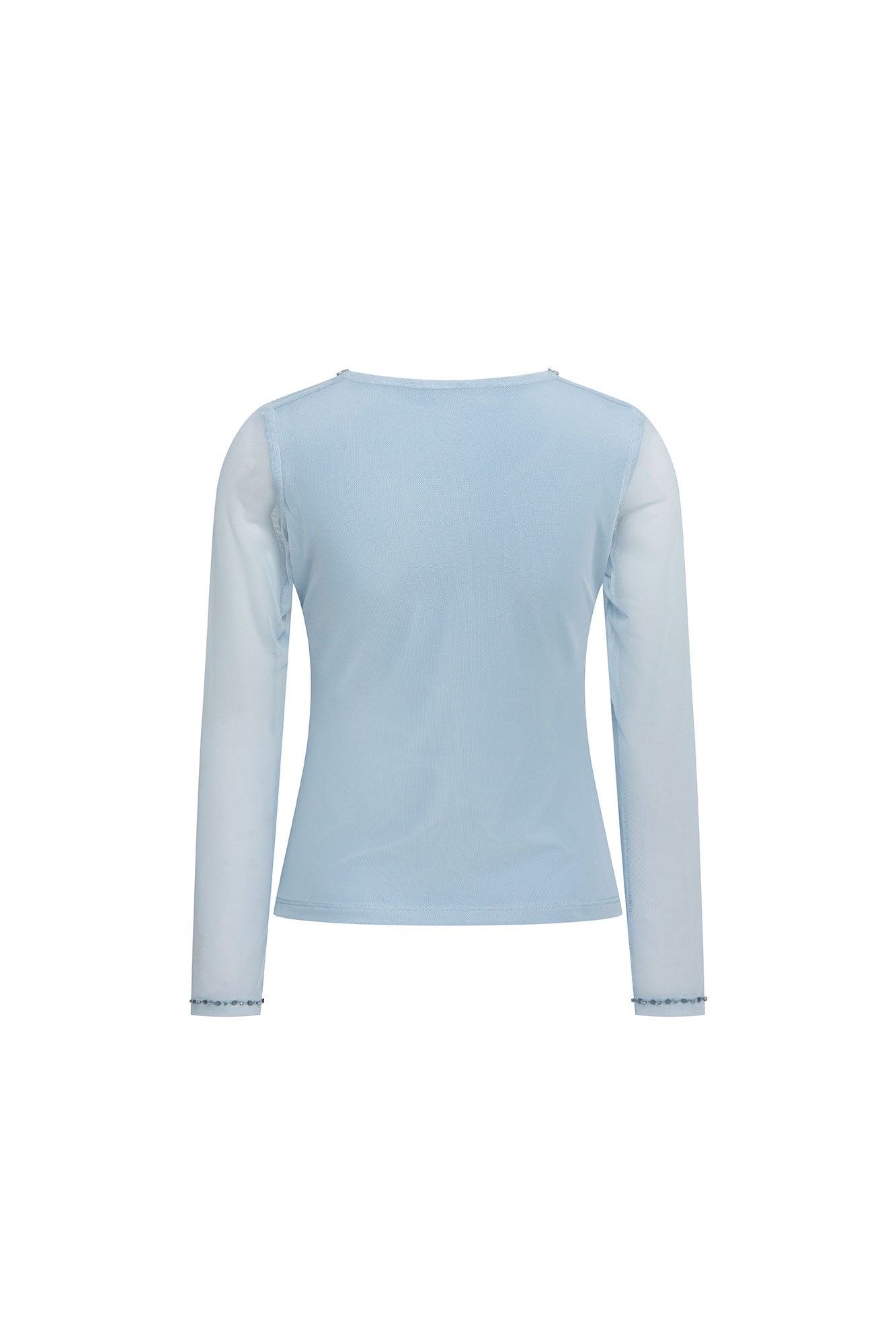Back view of sky-blue fitted top with sheer long sleeves and embellished cuffs