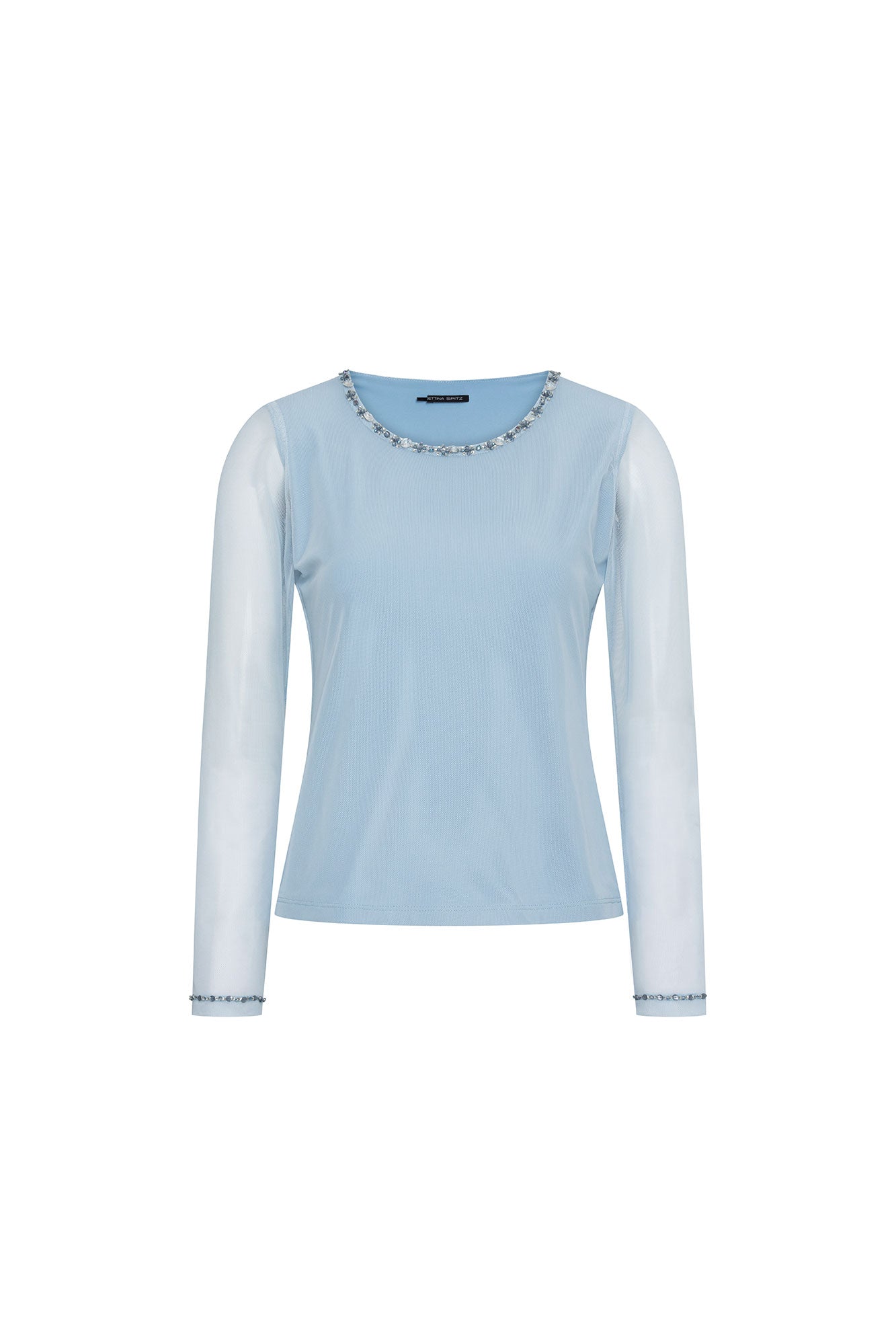 Front view of Bettina Spitz sky-blue fitted top with sheer long sleeves and embellished round neckline and cuffs
