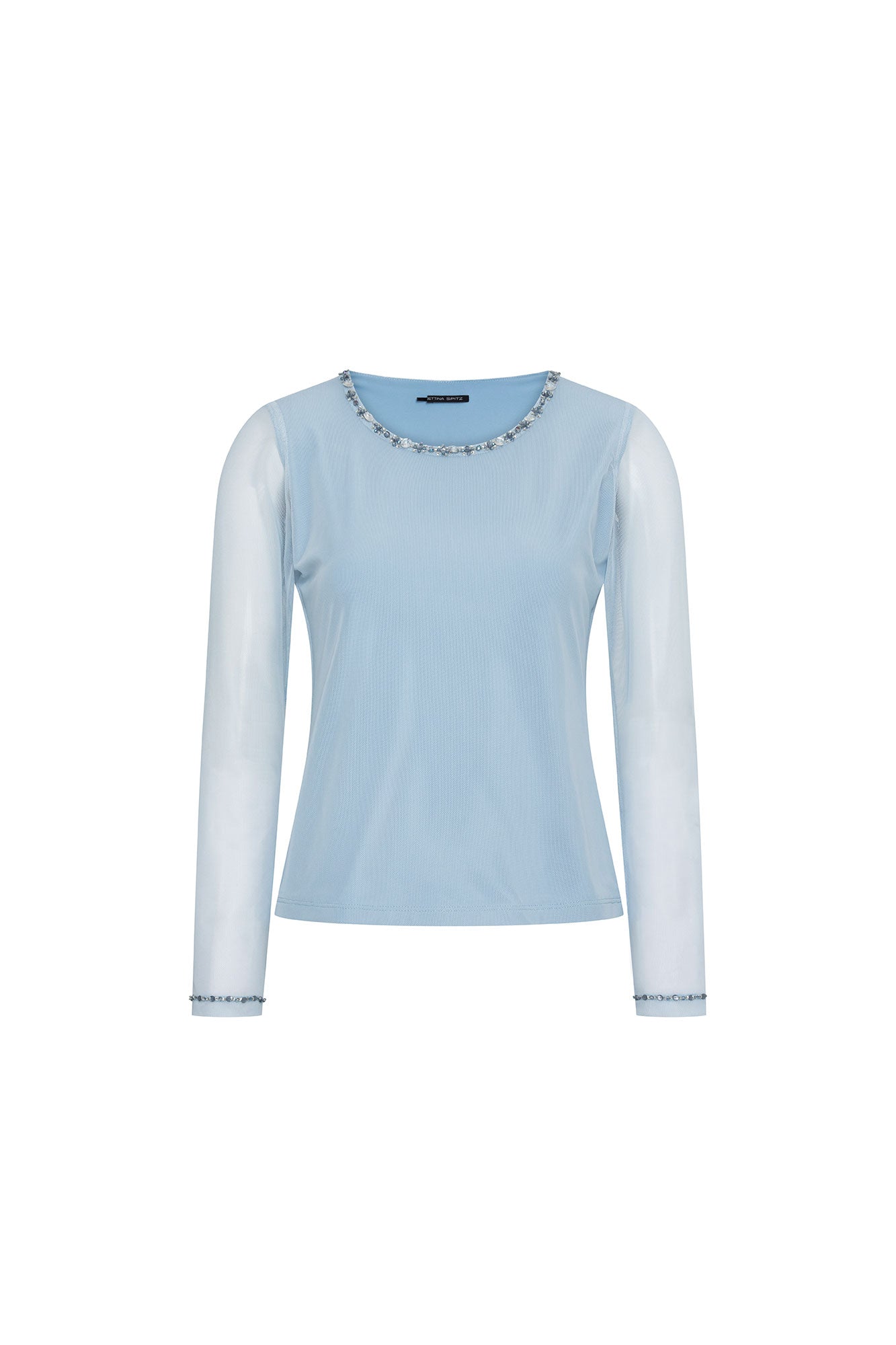 Front view of Bettina Spitz sky-blue fitted top with sheer long sleeves and embellished round neckline and cuffs