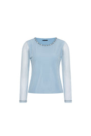 Front view of Bettina Spitz sky-blue fitted top with sheer long sleeves and embellished round neckline and cuffs