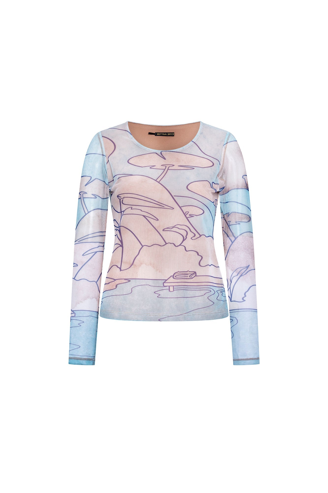 The Carlota Pastel Landscape Print Mesh Top — front view with all-over blue and blush print