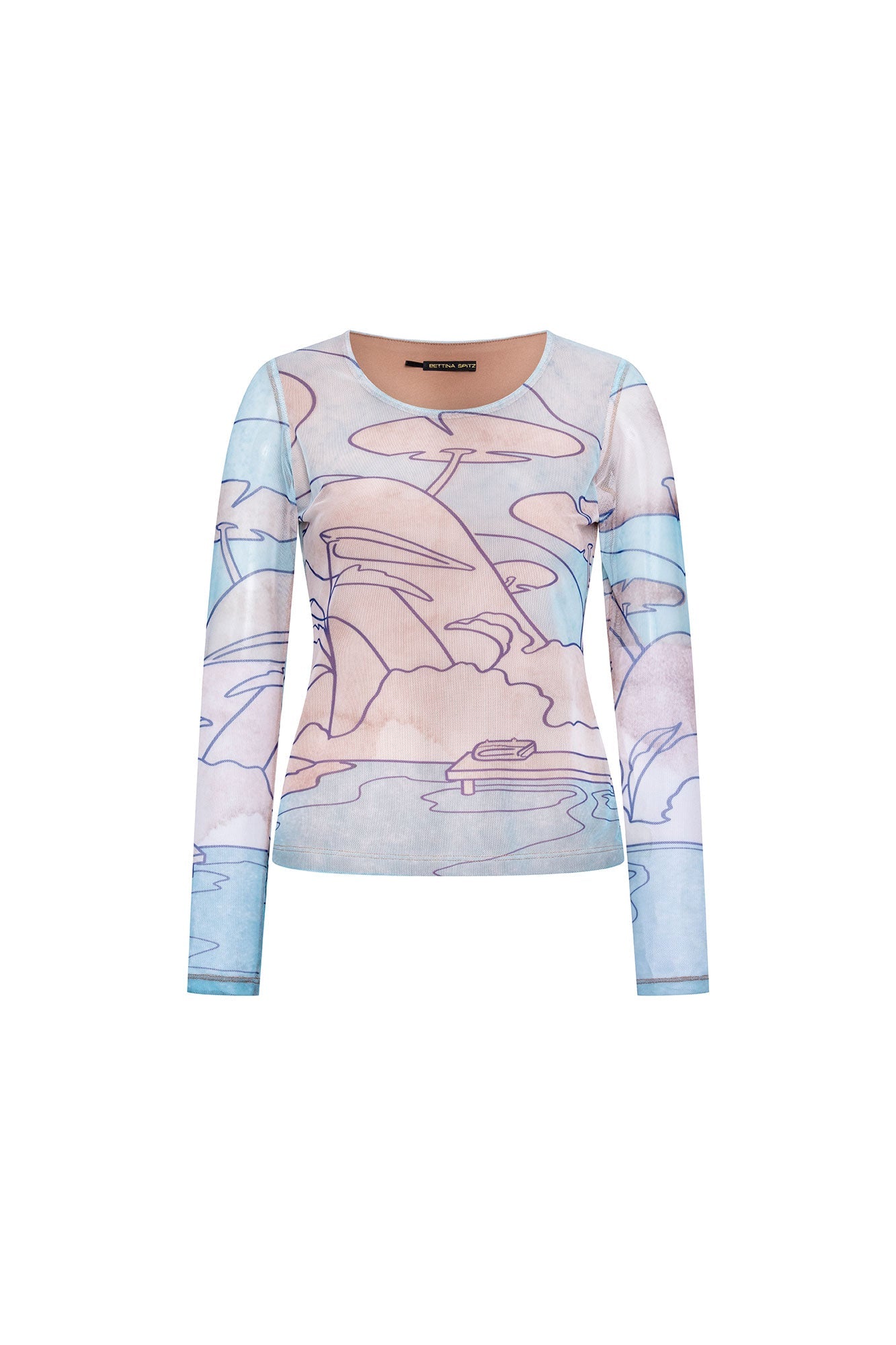 The Carlota Pastel Landscape Print Mesh Top — front view with all-over blue and blush print