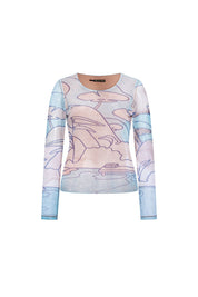 The Carlota Pastel Landscape Print Mesh Top — front view with all-over blue and blush print