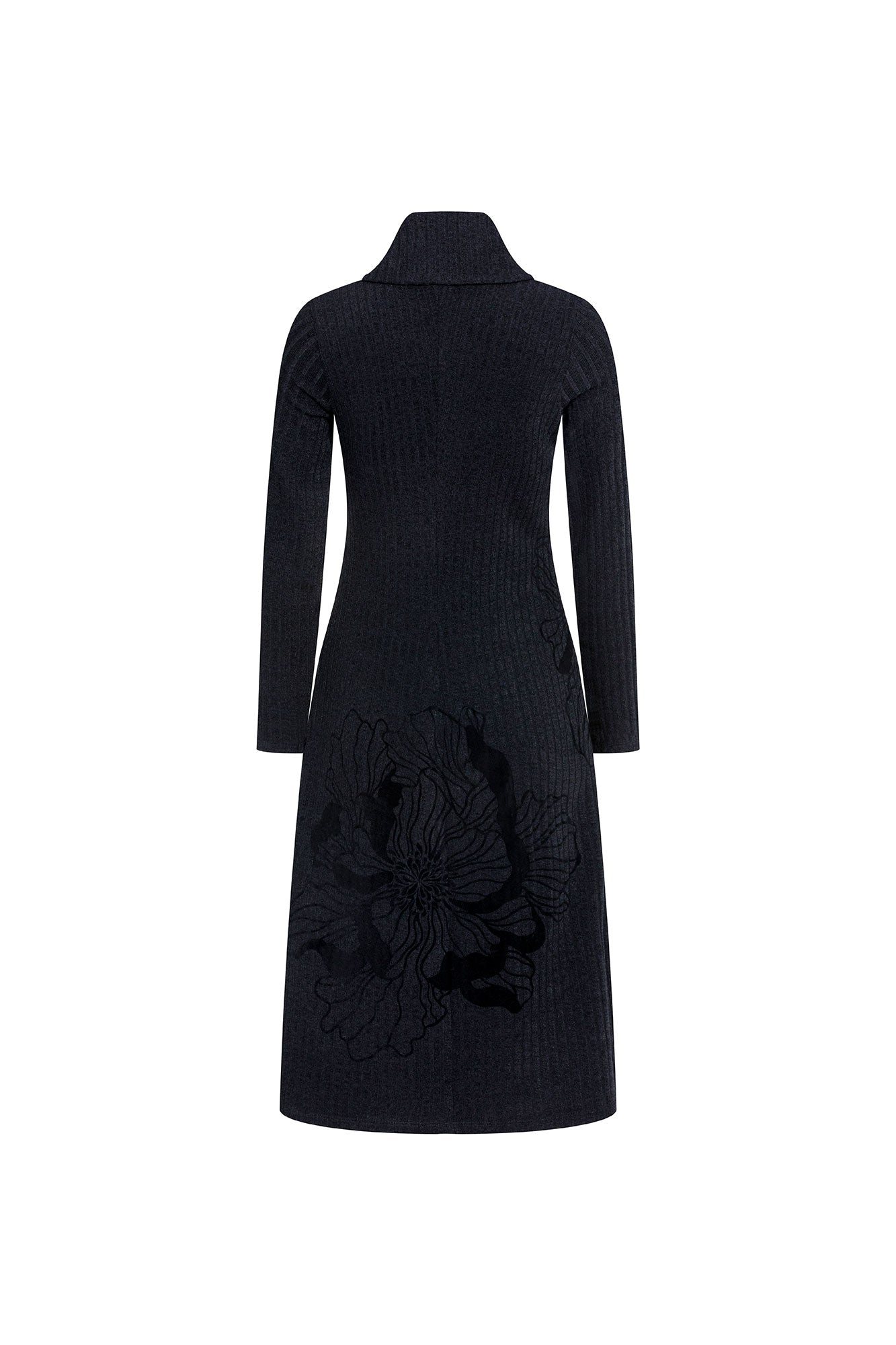 The Flor Black Ribbed Midi Dress — back view with large-scale tonal floral embroidery on skirt