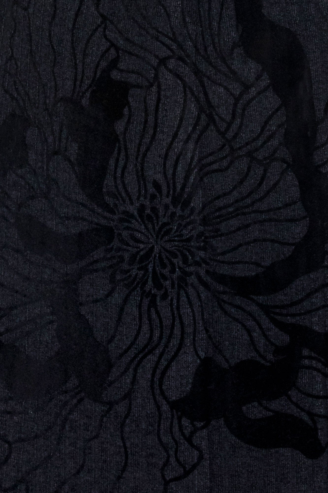 The Flor Black Ribbed Midi Dress — detail of velvet-like raised petal embroidery, black on black
