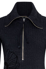 The Flor Black Ribbed Midi Dress — close-up of silver zipper, collar and Bettina Spitz label