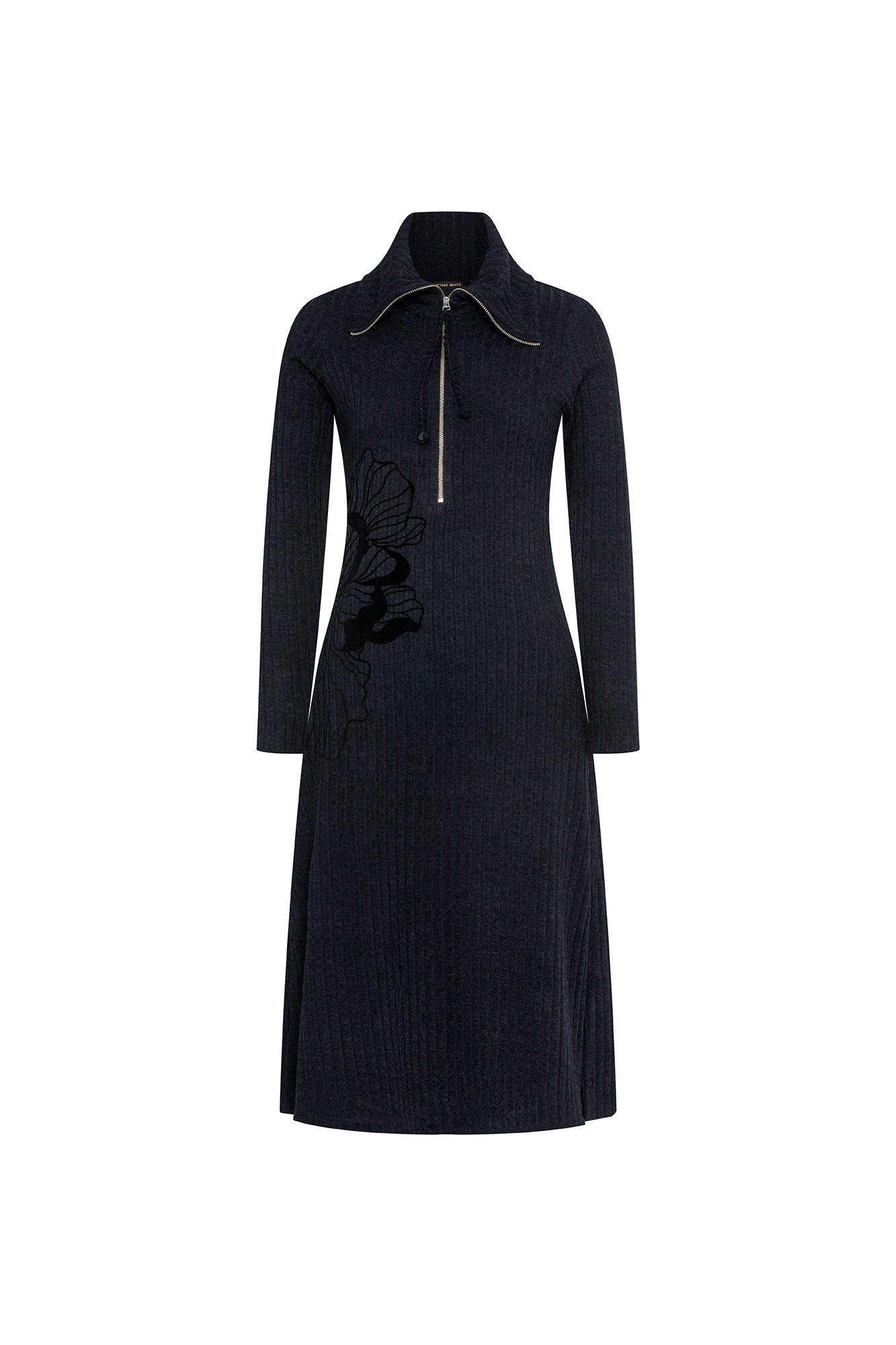 The Flor Black Ribbed Midi Dress — front view with silver zipper and 3D satin floral appliqué
