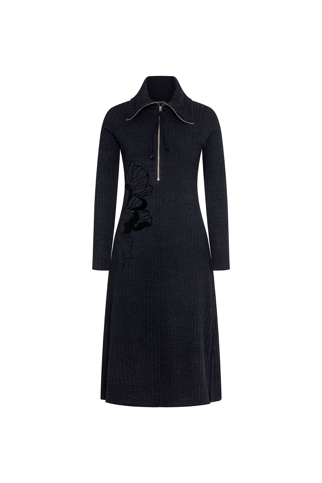The Flor Black Ribbed Midi Dress — front view with silver zipper and 3D satin floral appliqué