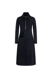 The Flor Black Ribbed Midi Dress — front view with silver zipper and 3D satin floral appliqué