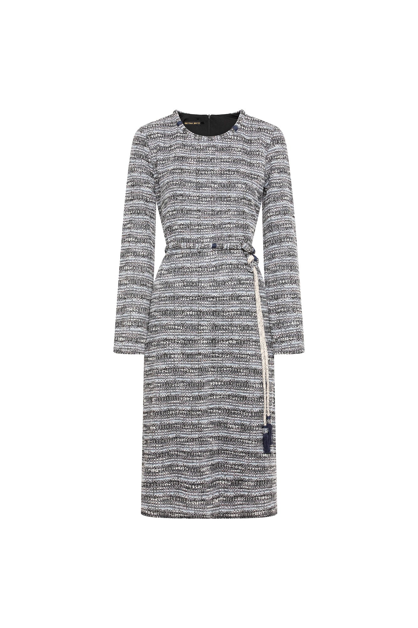 Black Tweed Midi Dress with Braided Tassel Belt