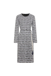 Black Tweed Midi Dress with Braided Tassel Belt