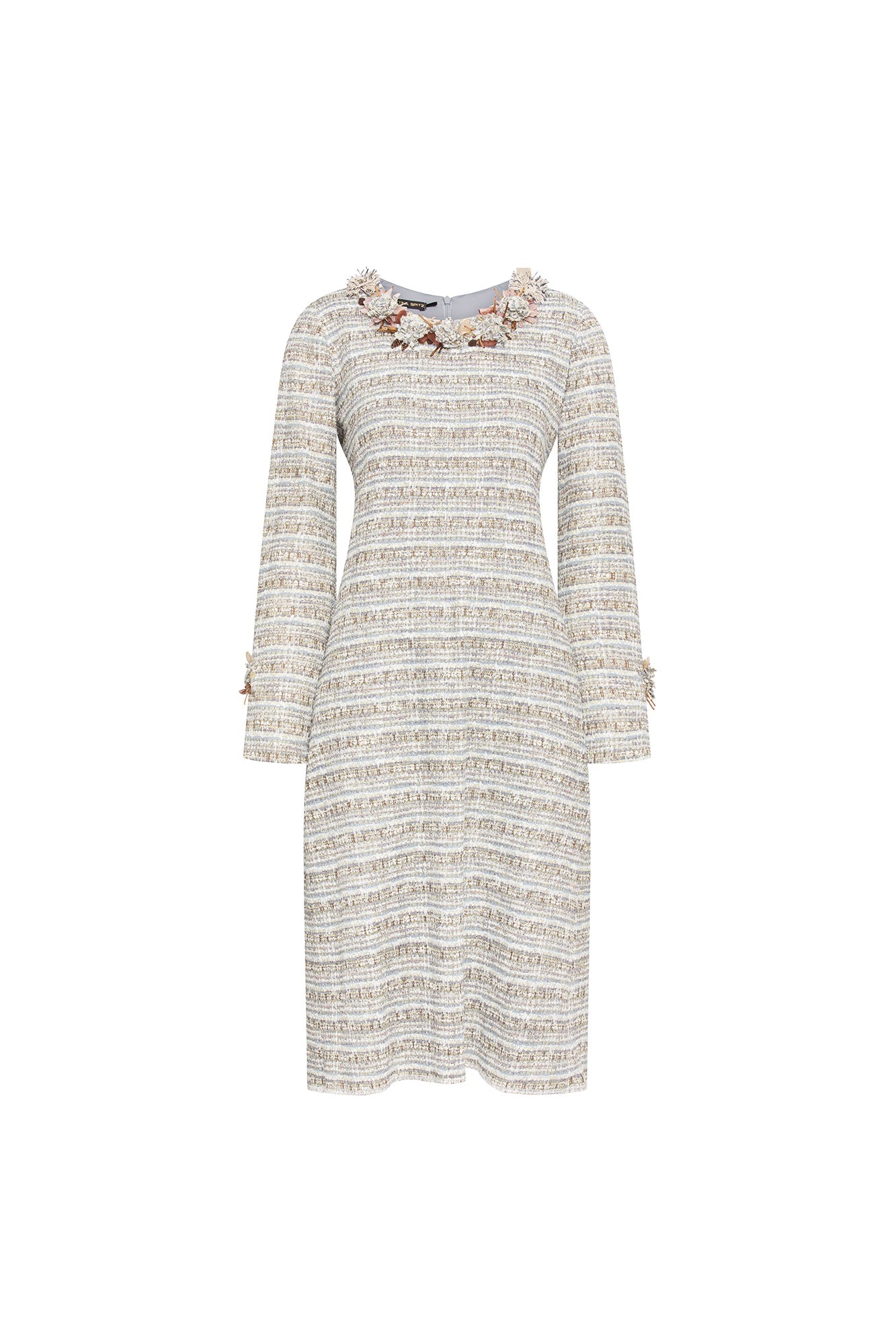 The Michell — Tweed Midi Dress 3D Floral Neckline