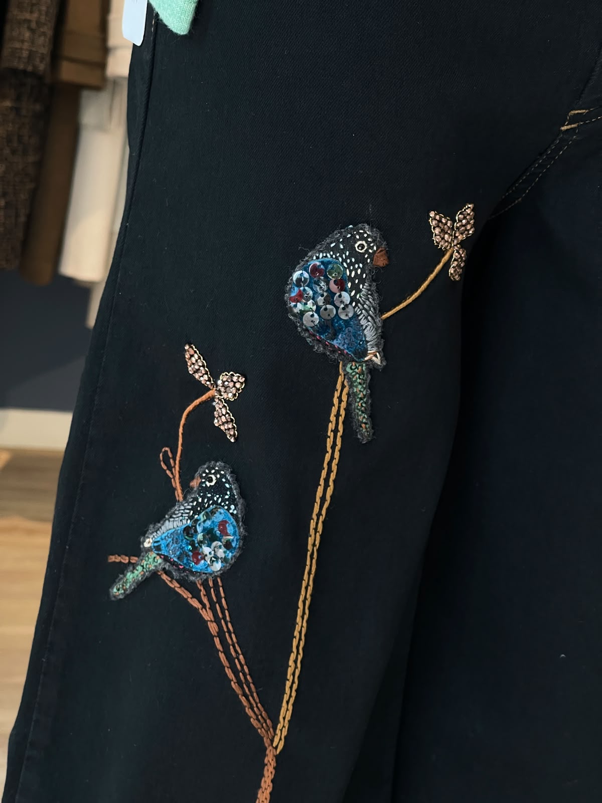 Black Wide-Leg Jeans with Bird Embroidery