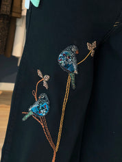 Black Wide-Leg Jeans with Bird Embroidery
