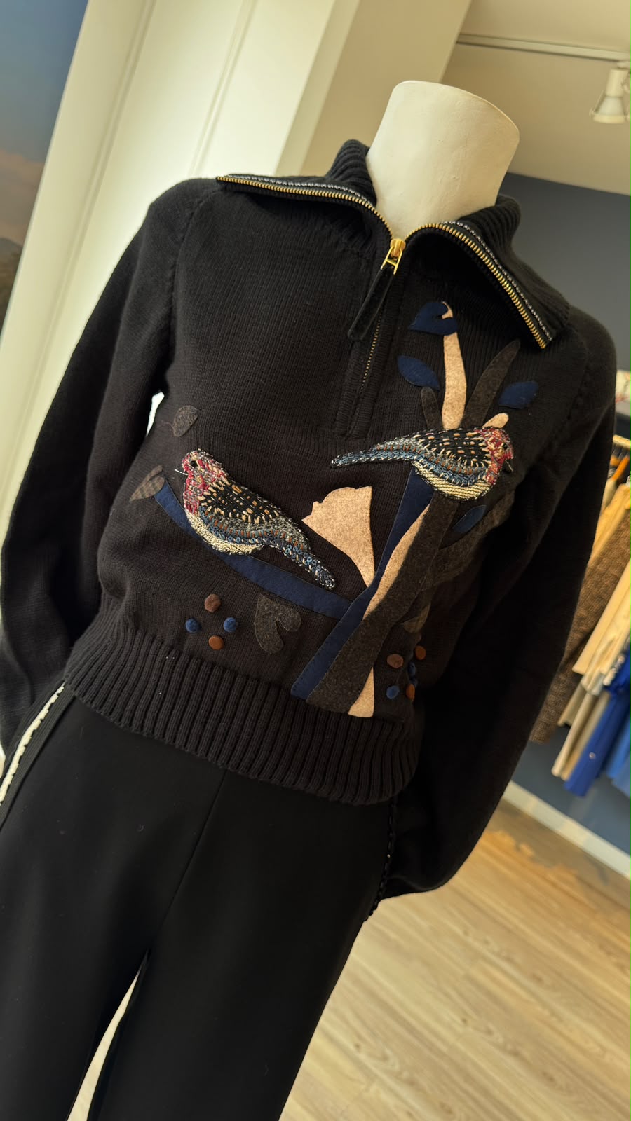 Half-Zip Branch Embroidery Sweater — Black