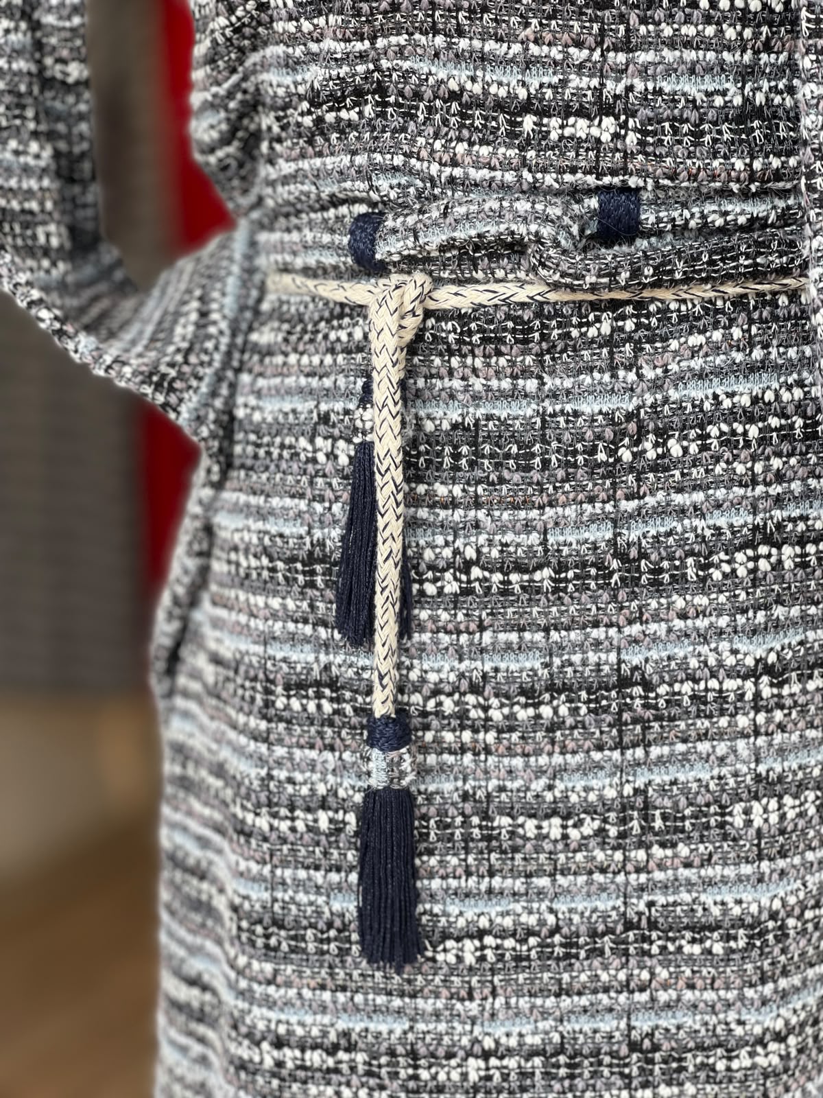 Black Tweed Midi Dress with Braided Tassel Belt