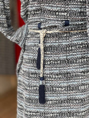 Black Tweed Midi Dress with Braided Tassel Belt
